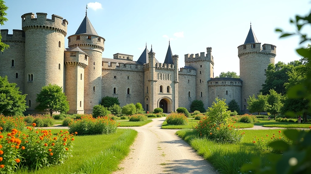 Kasteel Ruin met oude stenen muren en herbouwde torens, omgeven door groen terrein