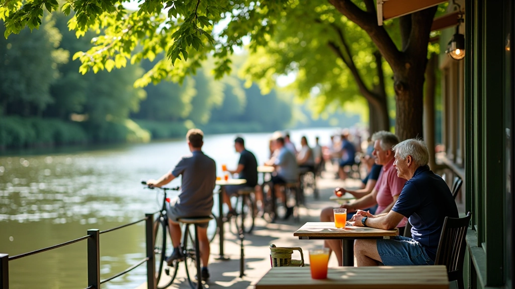 Gezellig terrasje aan het water met fietsers, zomertafereel