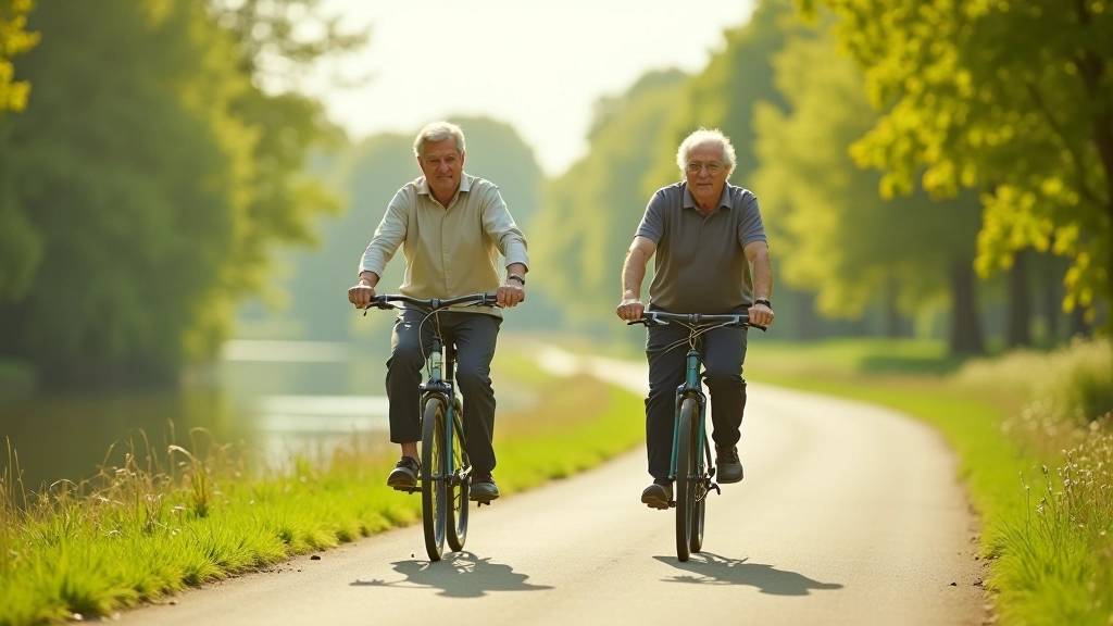 Twee senioren fietsen samen langs een rivier