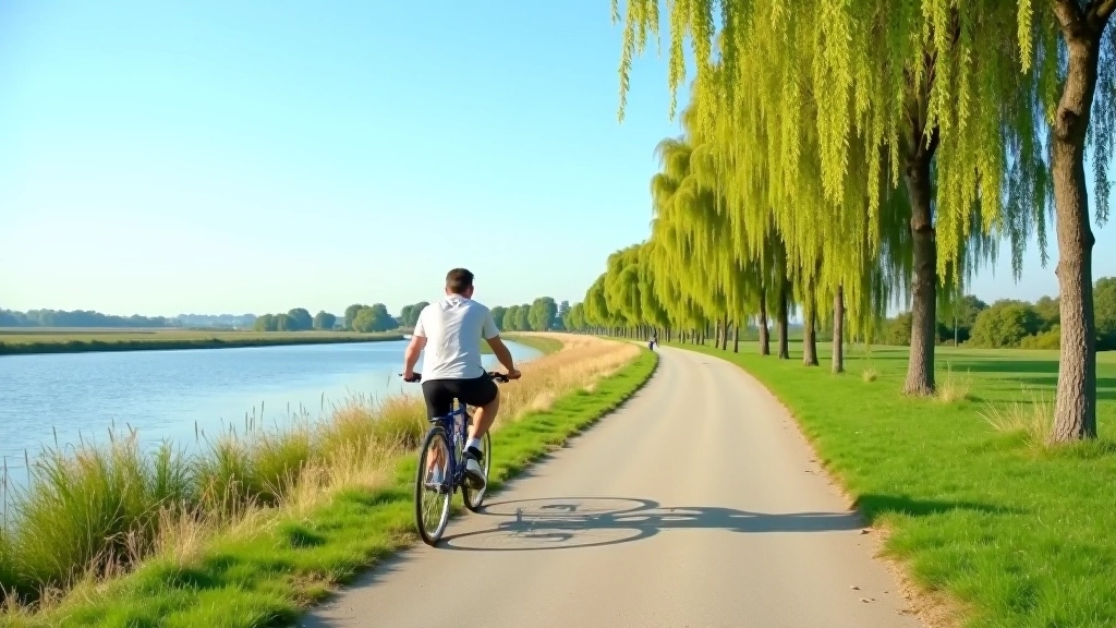 Fietspad langs de Maas met wilgen, zonnig weer, breed vlak pad